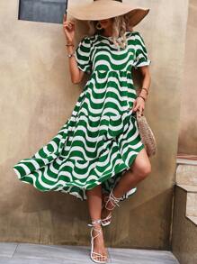 SHEIN VCAY Wave Striped Print Puff Sleeve Smock Dress - Green - View 4