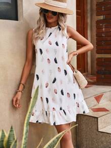 SHEIN Holidaya Đầm Viên lá sen Bộ lạc Dễ thương - trắng - Xem 3