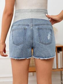 SHEIN Maternity Wideband Waist Ripped Raw Hem Denim Shorts - Light Wash - View 3