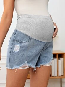 SHEIN Maternity Wideband Waist Ripped Raw Hem Denim Shorts - Light Wash - View 4