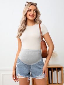 SHEIN Maternity Wideband Waist Ripped Raw Hem Denim Shorts - Light Wash - View 5