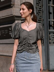 SHEIN 素色雞心領口前收褶泡泡袖襯衫 - 深灰色 - 查看 1