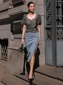 SHEIN 素色雞心領口前收褶泡泡袖襯衫 - 深灰色 - 查看 9