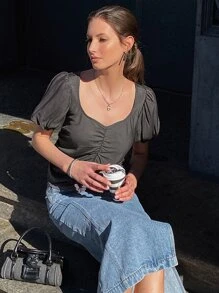 SHEIN 素色雞心領口前收褶泡泡袖襯衫 - 深灰色 - 查看 6