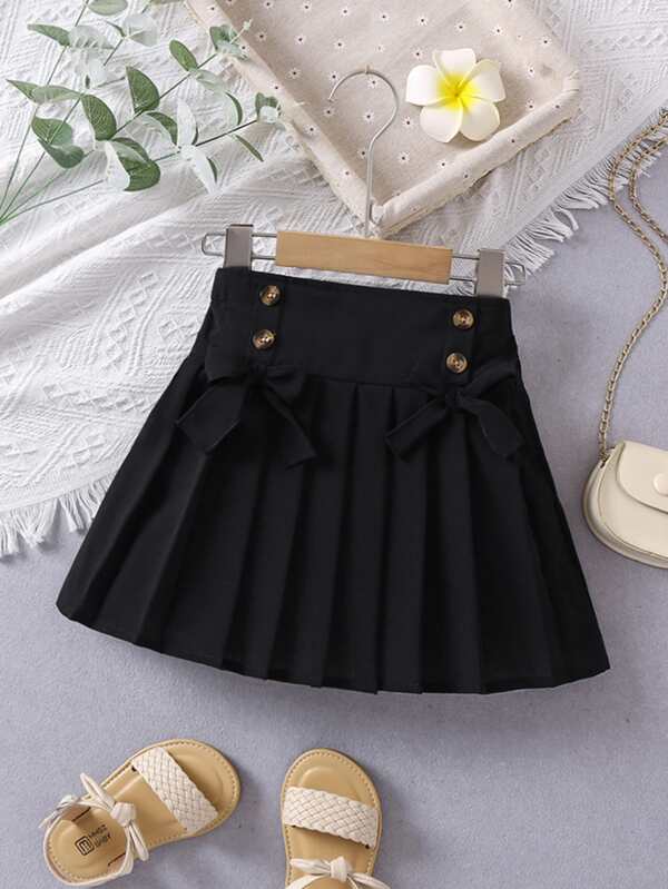 SHEIN Young Girl Solid Black Elegant School Style Pleated Skirt, Versatile Midi Skirt For Summer,Holiday,Summer,Travel