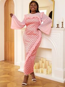 Plus Polka Dot Ruffle Trim Flounce Sleeve Split Hem Dress - Pink - View 1