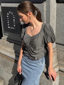 SHEIN 素色雞心領口前收褶泡泡袖襯衫 - 深灰色 - 查看 7