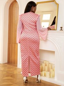 Plus Polka Dot Ruffle Trim Flounce Sleeve Split Hem Dress - Pink - View 2