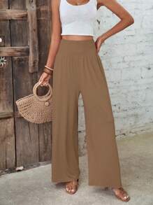 SHEIN VCAY Pantalones de pierna ancha unicolor - Marrón - Ver 3