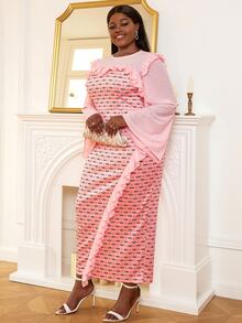 Plus Polka Dot Ruffle Trim Flounce Sleeve Split Hem Dress - Pink - View 3