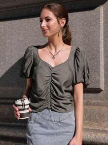 SHEIN 素色雞心領口前收褶泡泡袖襯衫 - 深灰色 - 查看 8