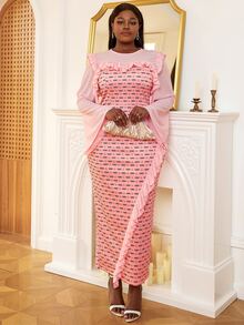 Plus Polka Dot Ruffle Trim Flounce Sleeve Split Hem Dress - Pink - View 4