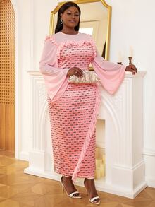 Plus Polka Dot Ruffle Trim Flounce Sleeve Split Hem Dress - Pink - View 5