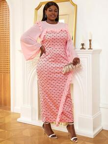 Plus Polka Dot Ruffle Trim Flounce Sleeve Split Hem Dress - Pink - View 6