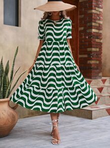 SHEIN VCAY Wave Striped Print Puff Sleeve Smock Dress - Green - View 6