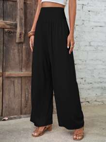 SHEIN LUNE Solid Wide Leg Trousers - Black - View 3