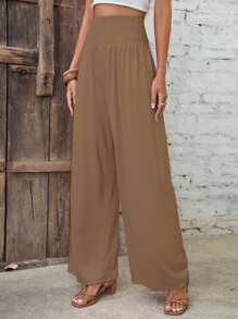 SHEIN VCAY Pantalones de pierna ancha unicolor - Marrón - Ver 4