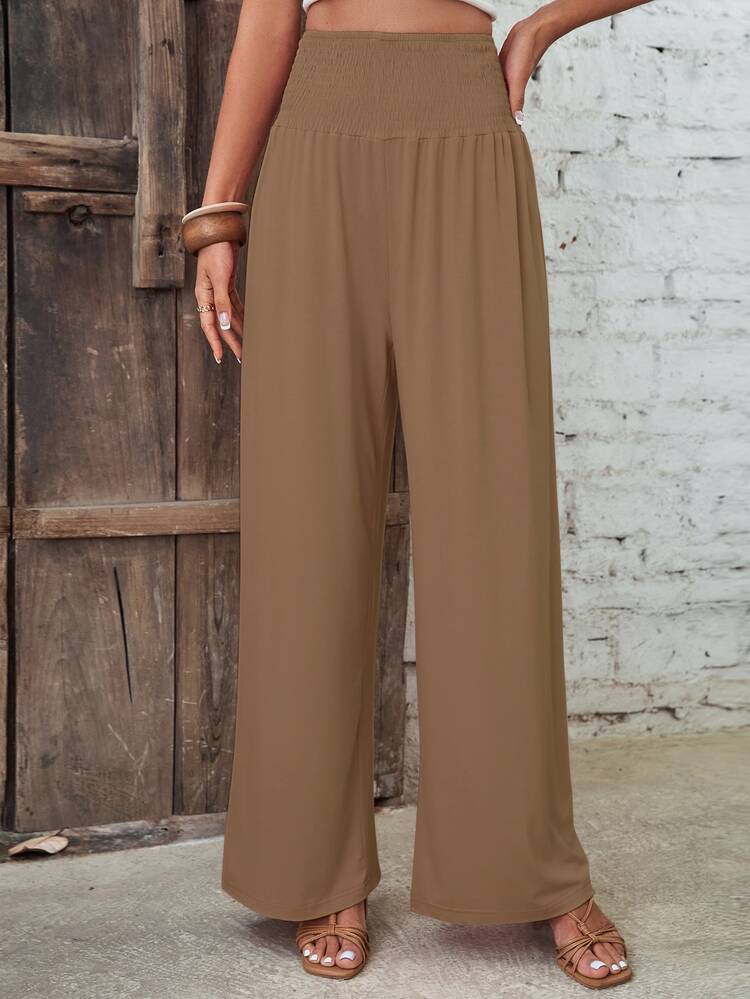 SHEIN VCAY 素色闊腿褲 - 棕色 - 查看 5