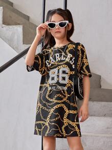 SHEIN Girls Chain & Letter Graphic Tee Dress - Multicolor - View 3