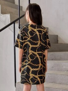 SHEIN Girls Chain & Letter Graphic Tee Dress - Multicolor - View 2