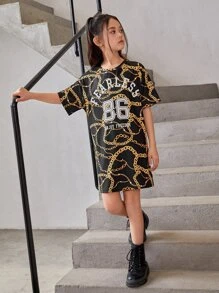 SHEIN Girls Chain & Letter Graphic Tee Dress - Multicolor - View 1