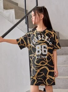 SHEIN Girls Chain & Letter Graphic Tee Dress - Multicolor - View 5