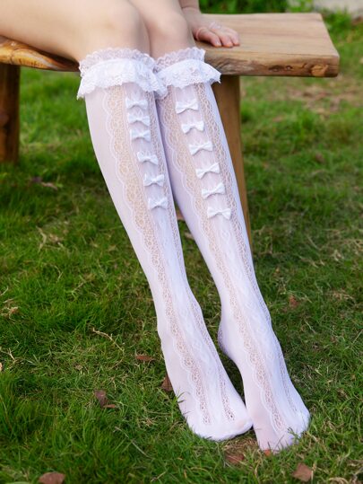 Kawaii Bow Decor Ruffle Trim Over The Calf Socks