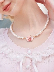 ROMWE Kawaii Cánh trang trí hình gấu hoạt hình quyến rũ Vòng cổ đính cườm ngọc trai giả - Nhiều màu - Xem 2