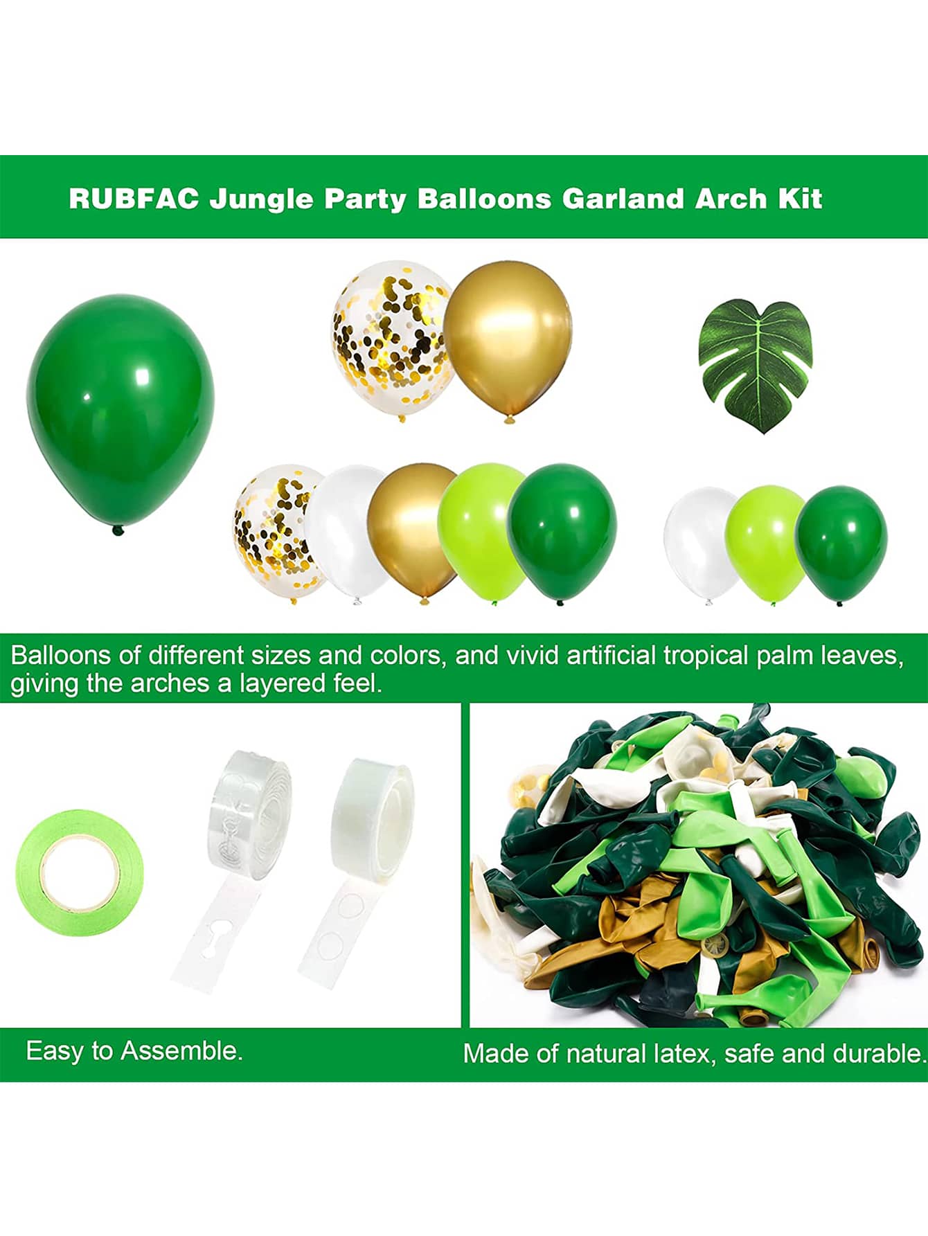 ジャングルパーティーバルーンガーランドキット、恐竜パーティー用緑の風船アーチ、人工トロピカルパームリーブを含む134個セット SHEIN