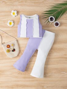 SHEIN 嬰兒撞色前接縫背心上衣和喇叭褲 - 彩色 - 查看 1