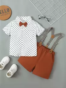 SHEIN 男小童波卡圓點前蝴蝶結襯衫和背帶短褲 - 彩色 - 查看 1