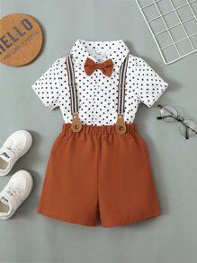 SHEIN 男小童波卡圓點前蝴蝶結襯衫和背帶短褲 - 彩色 - 查看 3