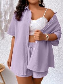 Flirla Plus Solid Button Front Shirt & Shorts - Lilac Purple - View 1