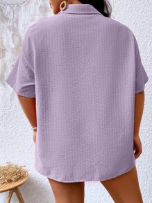 Flirla Plus Solid Button Front Shirt & Shorts - Lilac Purple - View 2