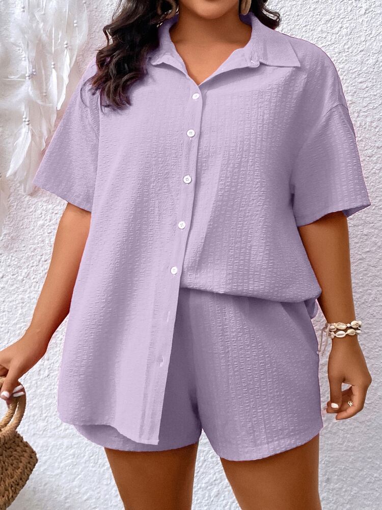Flirla Plus Solid Button Front Shirt & Shorts - Lilac Purple - View 3