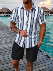 Manfinity RSRT 男士條紋圖案襯衫和腰部抽繩短褲不帶T恤 - 彩色 - 查看 1