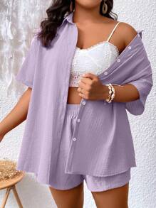 Flirla Plus Solid Button Front Shirt & Shorts - Lilac Purple - View 4