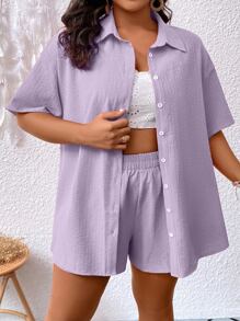 Flirla Plus Solid Button Front Shirt & Shorts - Lilac Purple - View 5