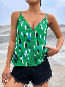 SHEIN Frenchy Áo khoác và áo lót dành cho xe tăng nữ Tương phản ren Tất cả trên in Giải trí - màu xanh lá - Xem 3