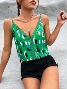 SHEIN Frenchy Áo khoác và áo lót dành cho xe tăng nữ Tương phản ren Tất cả trên in Giải trí - màu xanh lá - Xem 5