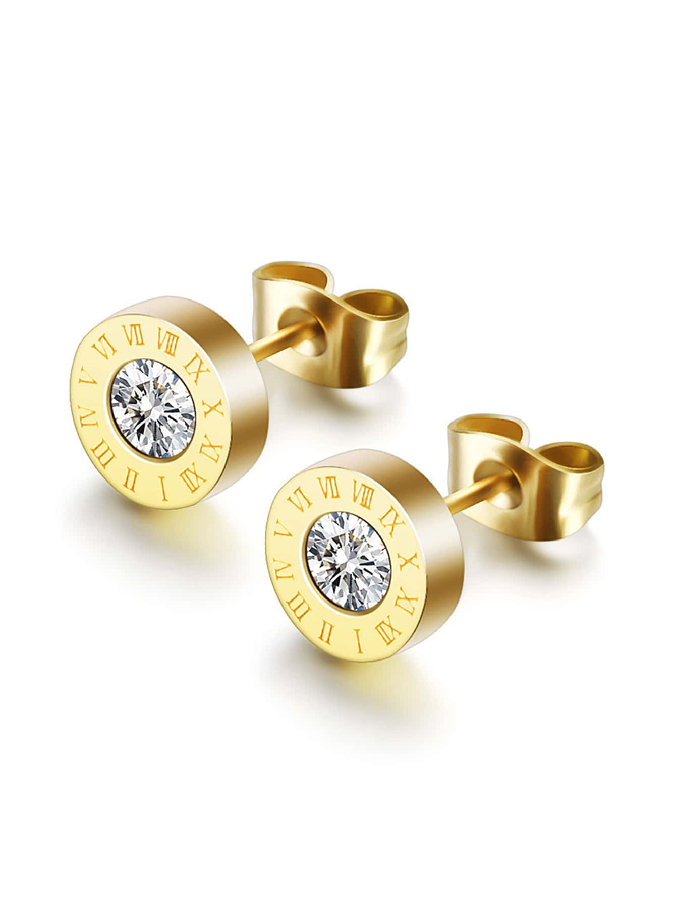 1pair Fashion Stainless Steel Rhinestone Decor Roman Numeral Detail Round Stud Earrings For Men For Daily Decoration - Gold - View 1