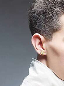 1pair Fashion Stainless Steel Rhinestone Decor Roman Numeral Detail Round Stud Earrings For Men For Daily Decoration - Gold - View 3