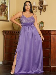 seomiscky Plus Contrast Sequin Split Thigh Cami Dress - Purple - View 1