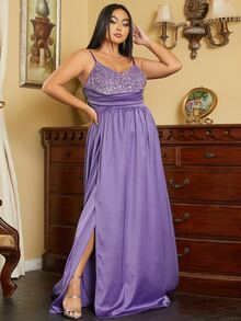 seomiscky Plus Contrast Sequin Split Thigh Cami Dress - Purple - View 4