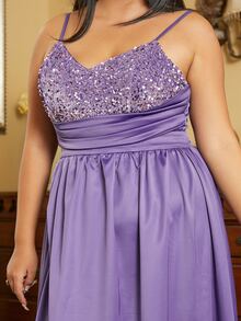 seomiscky Plus Contrast Sequin Split Thigh Cami Dress - Purple - View 5