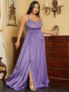 seomiscky Plus Contrast Sequin Split Thigh Cami Dress - Purple - View 6