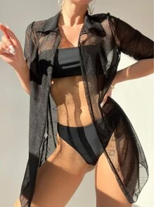 Kimono Nữ cắt màu trơn - màu đen - Xem 1