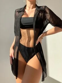 Kimono Nữ cắt màu trơn - màu đen - Xem 3