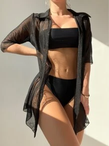 Kimono Nữ cắt màu trơn - màu đen - Xem 4