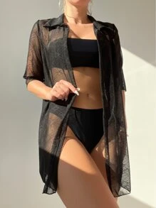 Kimono Nữ cắt màu trơn - màu đen - Xem 5